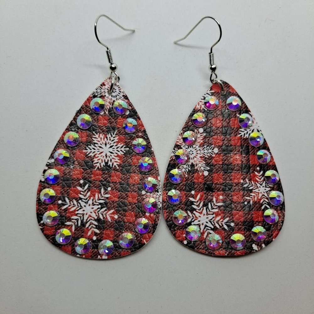Christmas Earrings Tear Drop Buffalo Plaid Snowflake Bling Faux Leather Red Hook